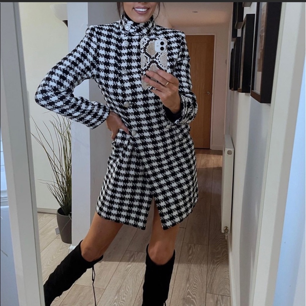 Black & White Houndstooth Long Coat